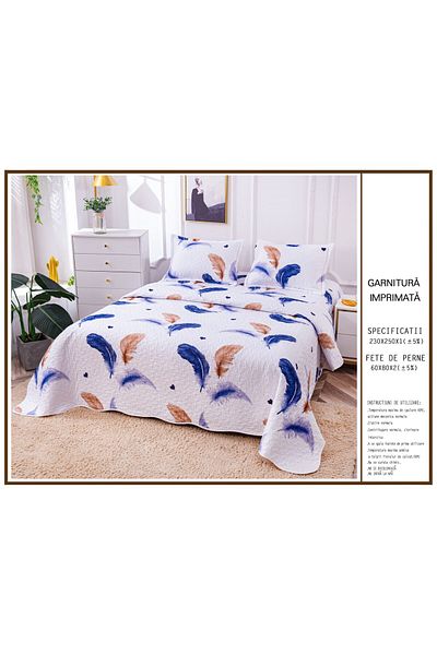 FIONNA.RO Double-Sided Quilted Cotton Blanket - White With Feathers
