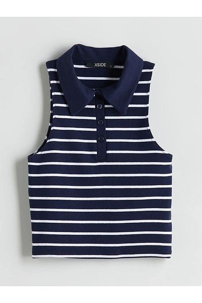 LC Waikiki Xside Navy Blue Polo Neck Striped Crop