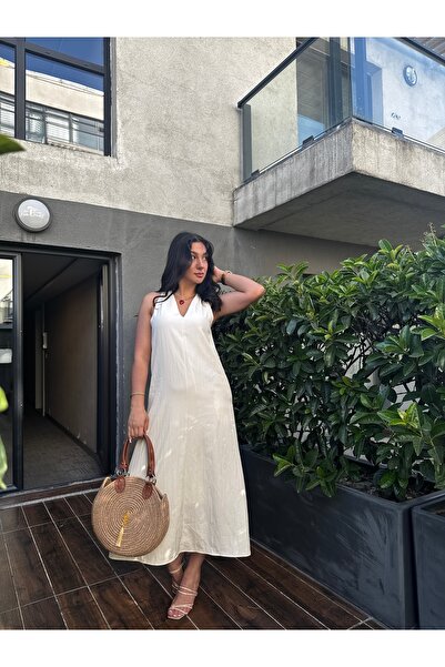 Fashion'S Kadın Krem V Yaka Astarlı Yazlık Elbise