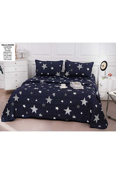 FIONNA.RO Double-Sided Quilted Cotton Blanket - Navy Blue With Stars
