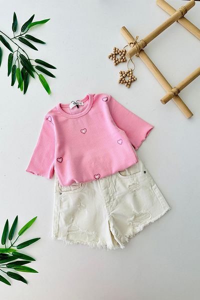 Minigimin Cicileri Little Girl's Heart Embroidered Suit with Ripped Jeans Shorts - Pink
