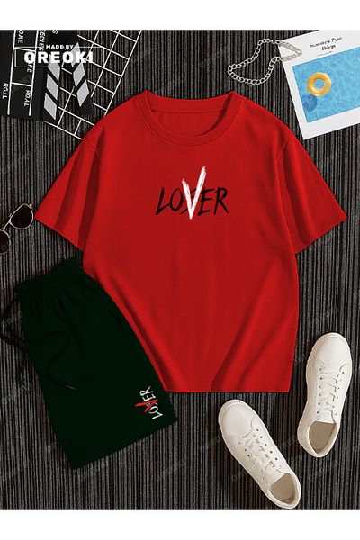 EFFRENATU Not a Lover Loser Printed Cotton Unisex Red T-Shirt-Black Shorts Set