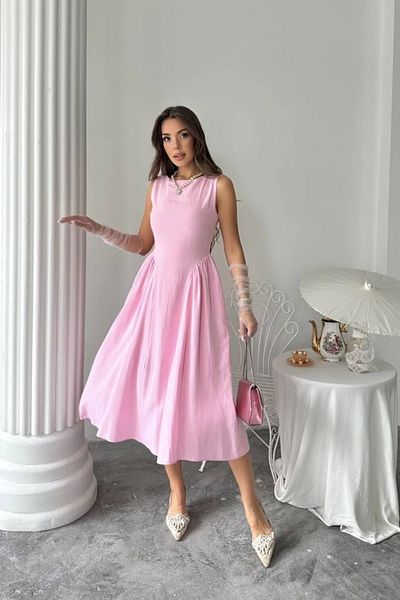 ZORM Pink Midi Length Linen Dress with Gathered Sides