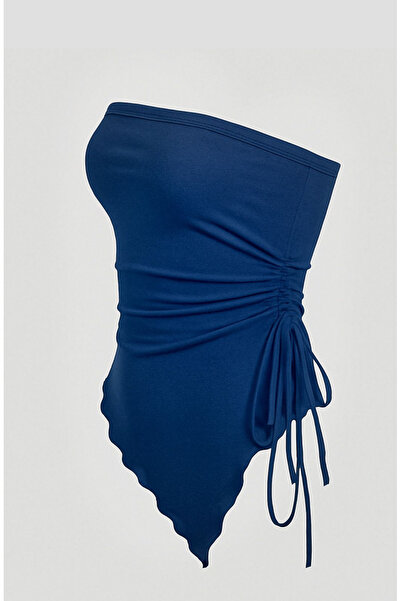 Marin Star Σετ 2 Navy Blue Pink Asymmetric Side Gathered Stretchy καλοκαιρινή μπλούζα, Gathered Pink Navy Blue Lycra Strapless