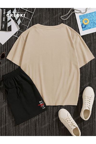 EFFRENATU Not a Lover Loser Printed Cotton Unisex Beige T-Shirt-Black Shorts Set