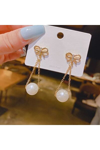 Shiklik Gold Color Bow Detailed Pearl Dangle Earrings