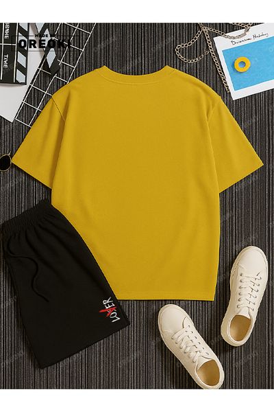 EFFRENATU Not a Lover Loser Printed Cotton Unisex Yellow T-Shirt-Black Shorts Set