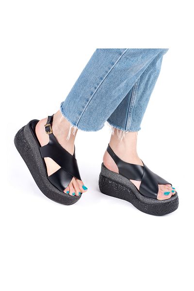 Star Tombis Ψηλοτάκουνα 12cm Wedge Heel Inside and Outside Real Vaketa Δερμάτινα σανδάλια