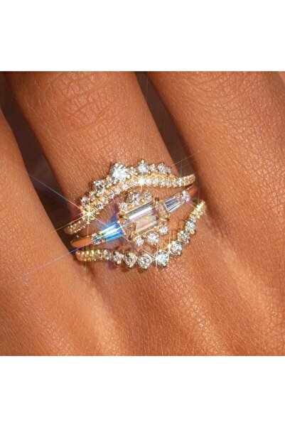 Shiklik Zircon Stone Baguette Model 3-Piece Combination Steel Ring Set