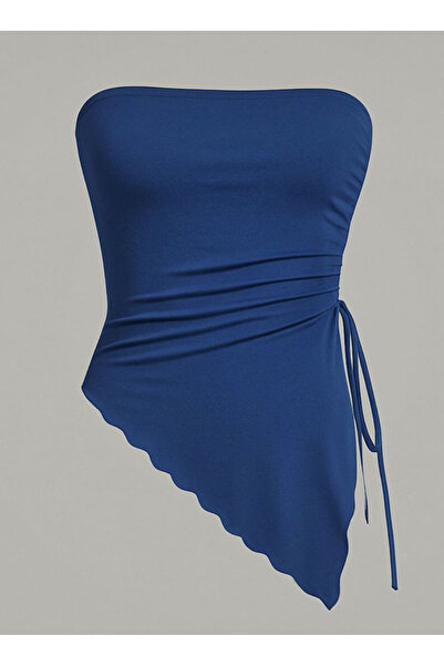 Marin Star Σετ 2 Navy Blue Pink Asymmetric Side Gathered Stretchy καλοκαιρινή μπλούζα, Gathered Pink Navy Blue Lycra Strapless