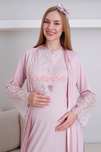 quilling Комплект от халат и нощница за бременни от 2 части, цвят пудра и дантела, 2296