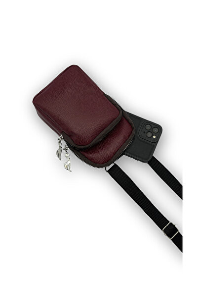 Bersia Γυναικεία δερμάτινη τσάντα τηλεφώνου Claret Red 2 θέσεων