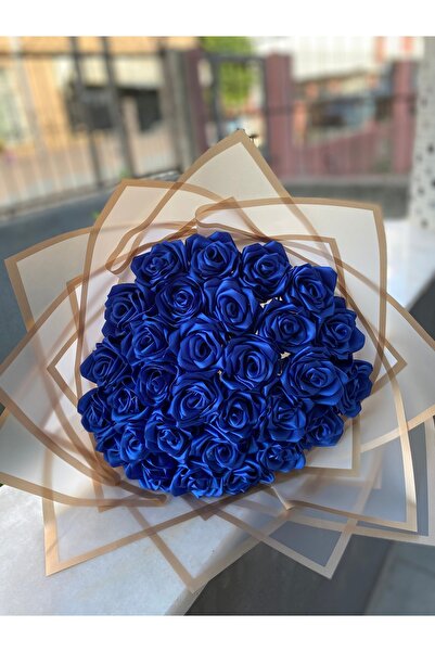 PARSÇİÇEK Saten Kurdaleden Yapay Buket Solmayan Gül Buketi 30lu İsteme Buketi Dogum Gunu Hedyesi (Saks Mavisi)