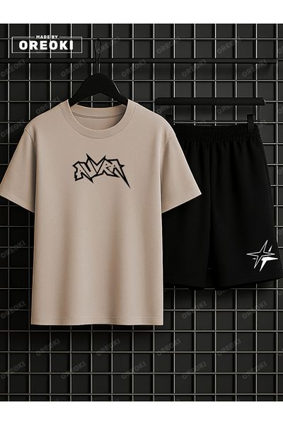 EFFRENATU Aura Printed Cotton Unisex Beige T-Shirt-Black Shorts Set
