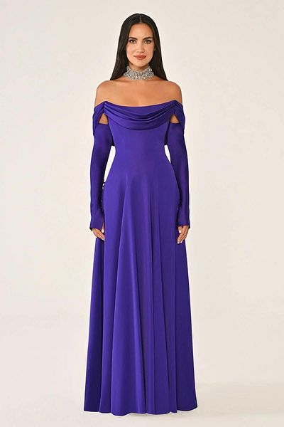 ALFABETA Elegant long evening dress with lapel detail, short sleeves and long sleeves