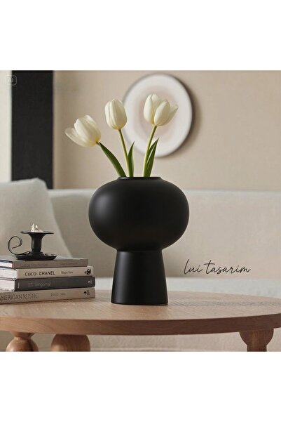 Lui Tasarım Siyah Rengi Lotus Vazo XXL Boy Seramik Modern Ev Ofis Otel Dekorasyon