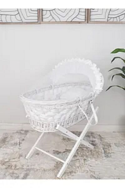 Fun Moment Moses Basket with Bamboo Base and Foldable Wooden Base in White
