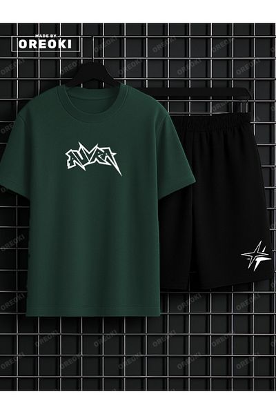 EFFRENATU Aura Printed Cotton Unisex Green Forest T-Shirt-Black Shorts Set