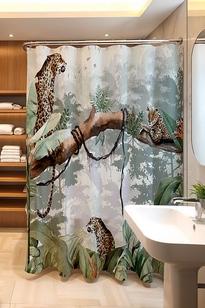 EVPANYA Κουρτίνα μπάνιου, Κουρτίνα μπάνιου Leopard in Nature, Κουρτίνα μπανιέρας 175x200cm