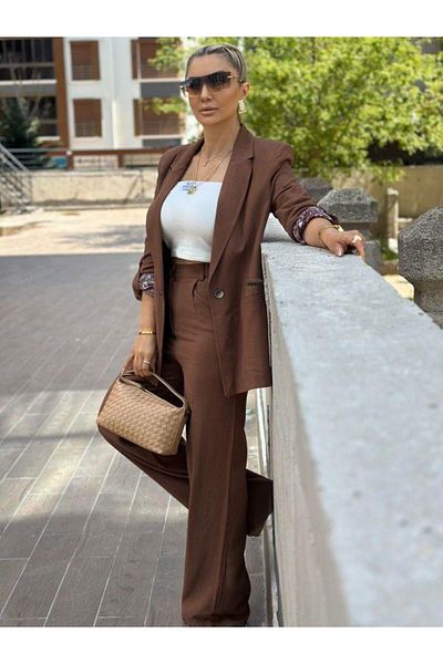 Robin 80205 Patterned Jacket Trousers Set Dark Brown