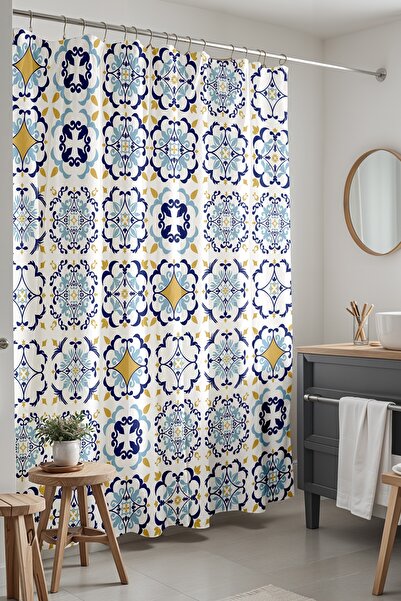 EVPANYA Banyo Perdesi, Sarı Mavi Çini Desenli Duş Perdesi, Küvet Perdesi 175x200cm