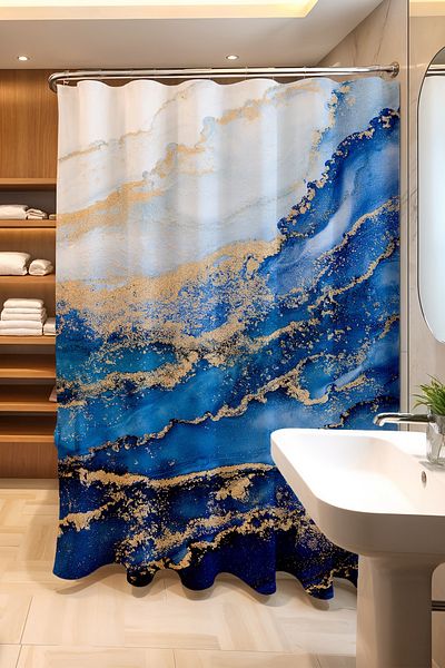 EVPANYA Perdeaua de baie, perdea de duș cu model de granit albastru cu granule aurii, perdea de cadă 175x200cm