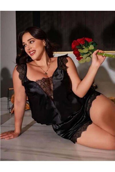 Aria's Closet Büyük Beden Siyah Omuz Dantel İşlemeli Saten Şortlu Takım