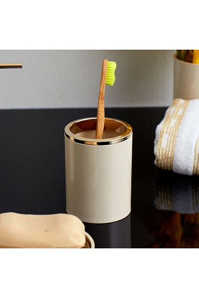 Prima Nova Lenox Glossy Finish Round Durable Plastic Toothbrush Holder Beige and Gold