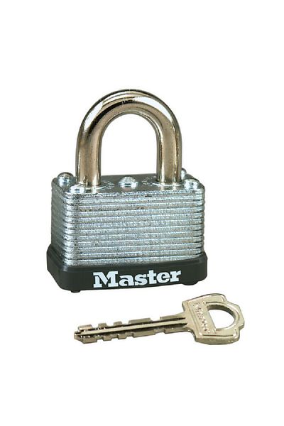 Master Lock Single Locking Lever Laminated Steel Warded Padlock with Key Silver and Black
