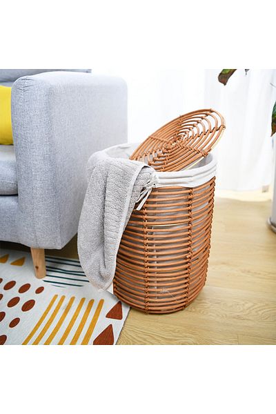 HONEYBEE Rattan Cylindrical Portable Eco Friendly Bamboo Laundry Basket with Lid Brown