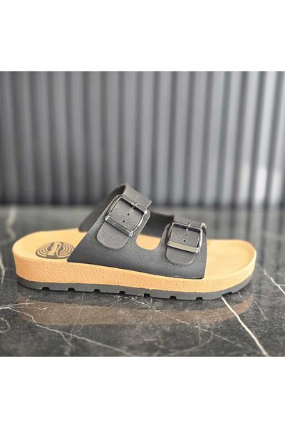 GEZER Summer Faux Leather Two Buckle Adjustable Comfort Massage Casual Slippers with Inner Sole