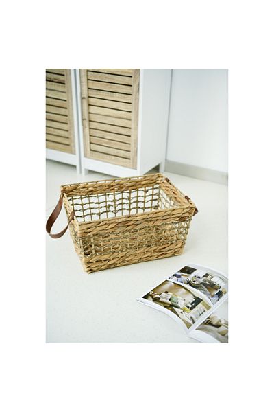 HONEYBEE Rectangular Shape Portable Ventilated Water Hyacinth Laundry Basket with Handle Brown