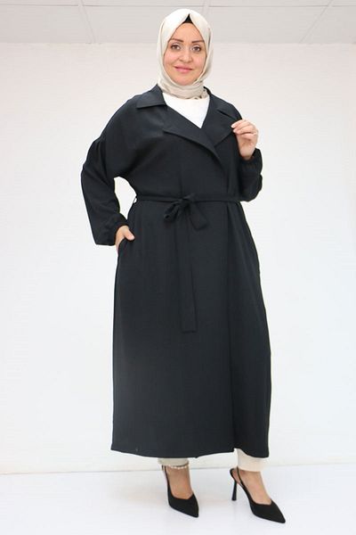 Eslina 53008 Plus Size Trench Coat with Mostral Belt on the Front - Black