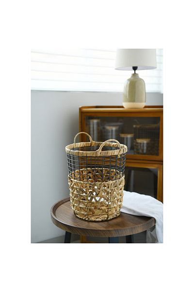 HONEYBEE Cylindrical Shape Portable Ventilated Water Hyacinth Laundry Basket with Handle Brown