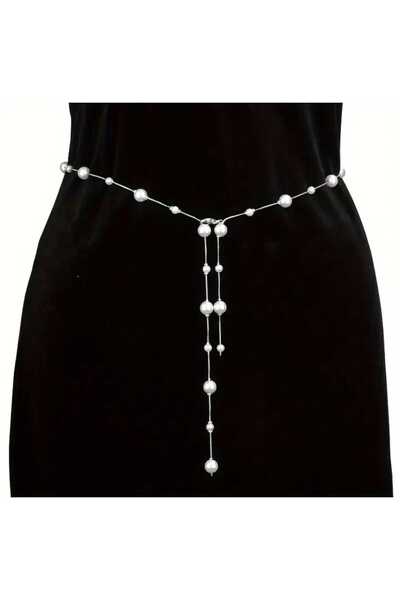 TUHAM AKSESUAR İNCİ DETAYLI LAK KAPLAMA GOLD BEL KEMERİ