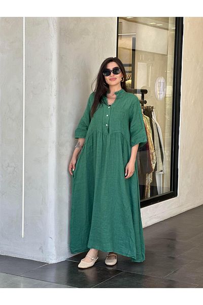 Ranasubaşı Linen Casual Long Dress Green