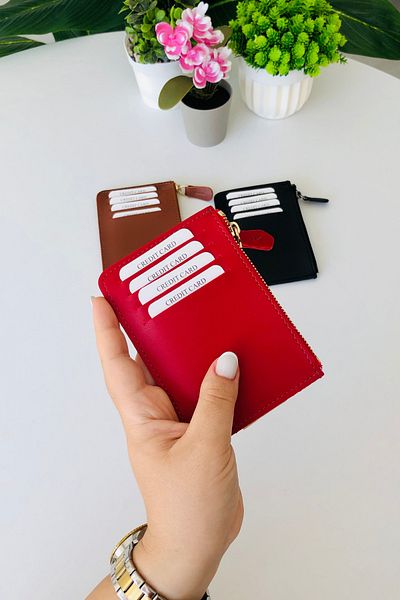 derius Mia 8 Card Slots Double Sided Red Super Slim Card Holder (Zipper Compartment)