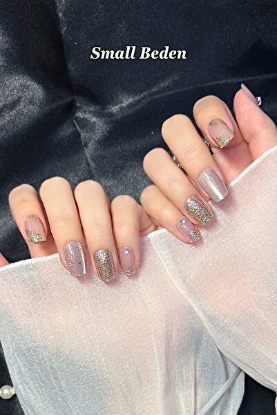 Easy Beauty Kısa Takma Tırnak Seti Small Beden Simli ve Desenli Tırnak 10 Adet ve Yapıştırıcı Dahil T022