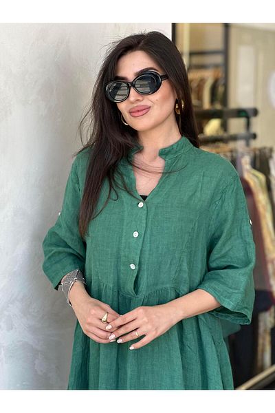 Ranasubaşı Linen Casual Long Dress Green