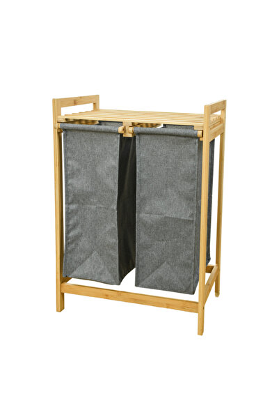 HONEYBEE سلة غسيل مزدوجة القسم عالية الجودة من الخيزران باللونين الرمادي والبيج