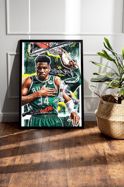 Saturn Giannis Antetokounmpo Framed Painting - Milwaukee Bucks Nba Poster Painting