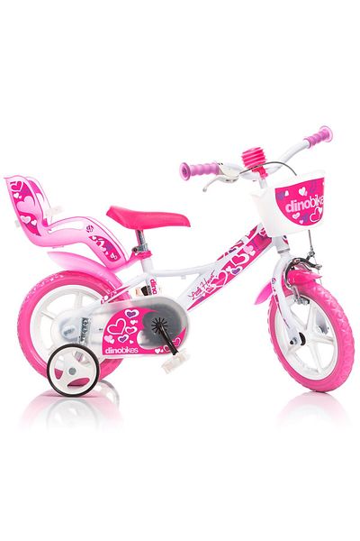 Dino Bikes Bicicleta pentru copii Little Hearth DB-124RLN-05LH Dino Bikes, 12 inch, alb si roz