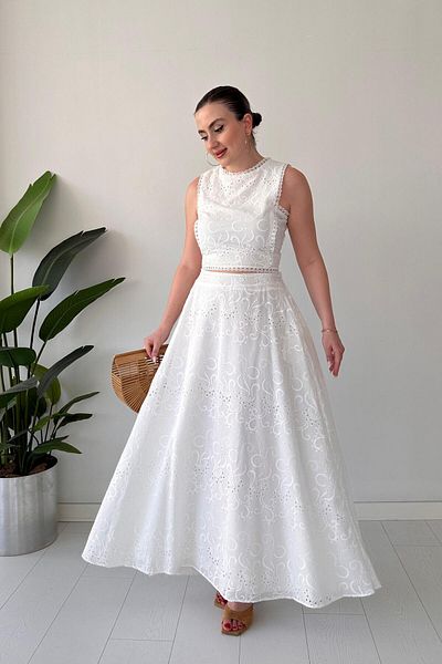 MaziButik Set Fisto cu fusta evazata alb