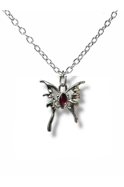 Herşey Nota Red Enamel Butterfly Gothic Unisex Necklace – 60 cm Chain, Rebellious and Elegant Design