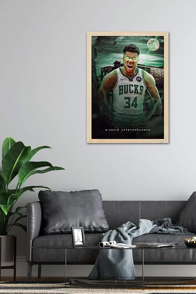 Saturn Giannis Antetokounmpo Framed Painting - Milwaukee Bucks Nba Poster Painting
