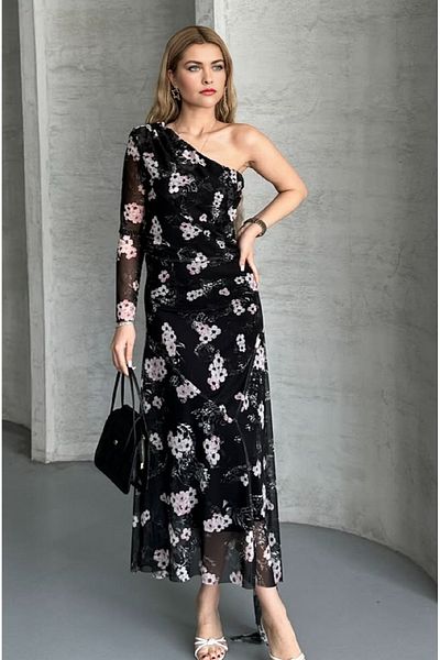 PNR WOMAN Tight Fit Skirt Asymmetrical One Shoulder Lined Floral Pattern Tulle Dress