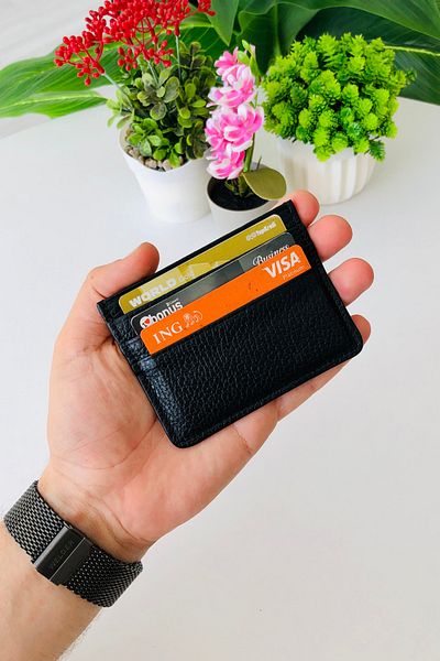 derius Unisex Genuine Leather Slim Model Black Card Holder Wallet