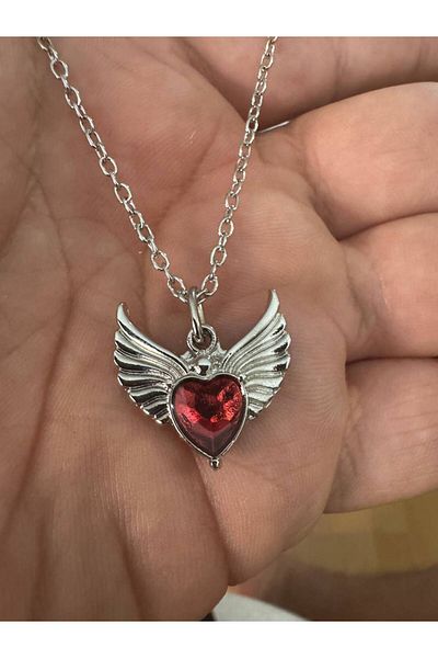 Herşey Nota Winged Heart Red Stone Unisex Necklace – with 60 cm Chain, Symbol of Freedom and Love