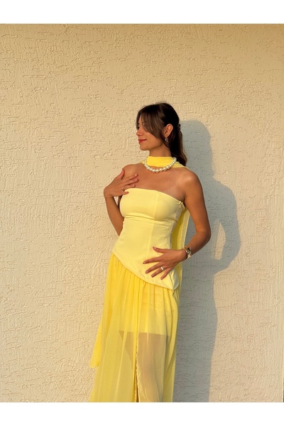 Yuli Sarı Straplez Elbise/mezuniyet Elbisesi/gece Elbisesi/davet Elbisesi/tül Detaylı Abiye Elbise