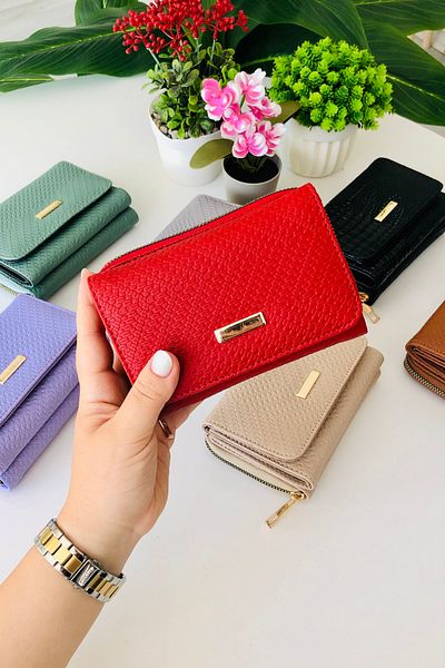derius Paris Stylish Textured Zippered Red Women's Wallet (Vegan Leather)